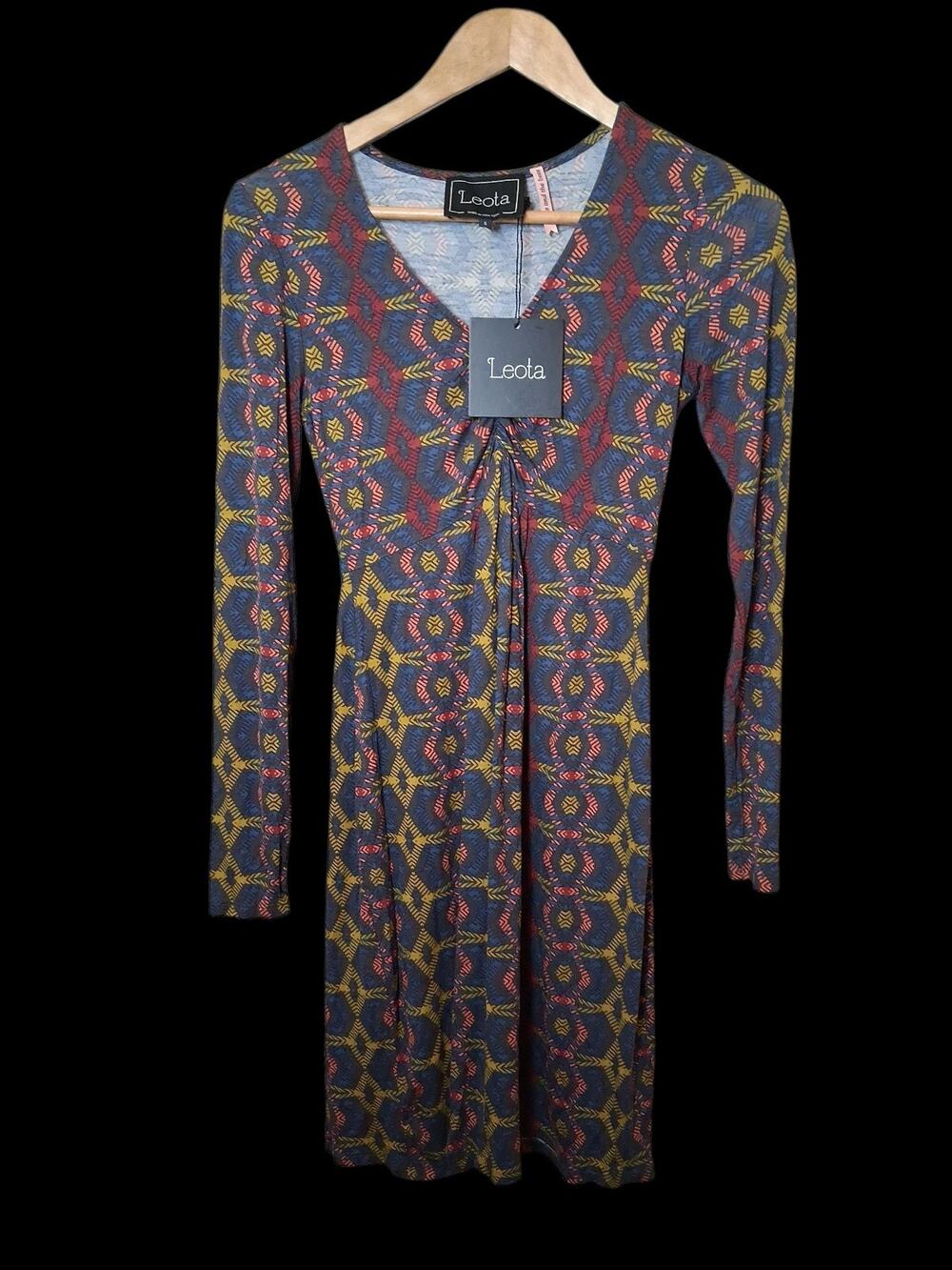 Leota Birds and the bees Maternity multicolor geometric v neck bodycon small NWT